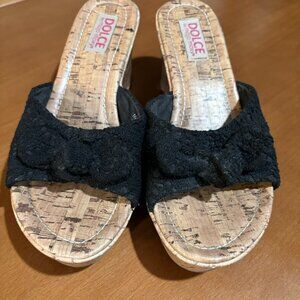 Black crochet wedge sandal